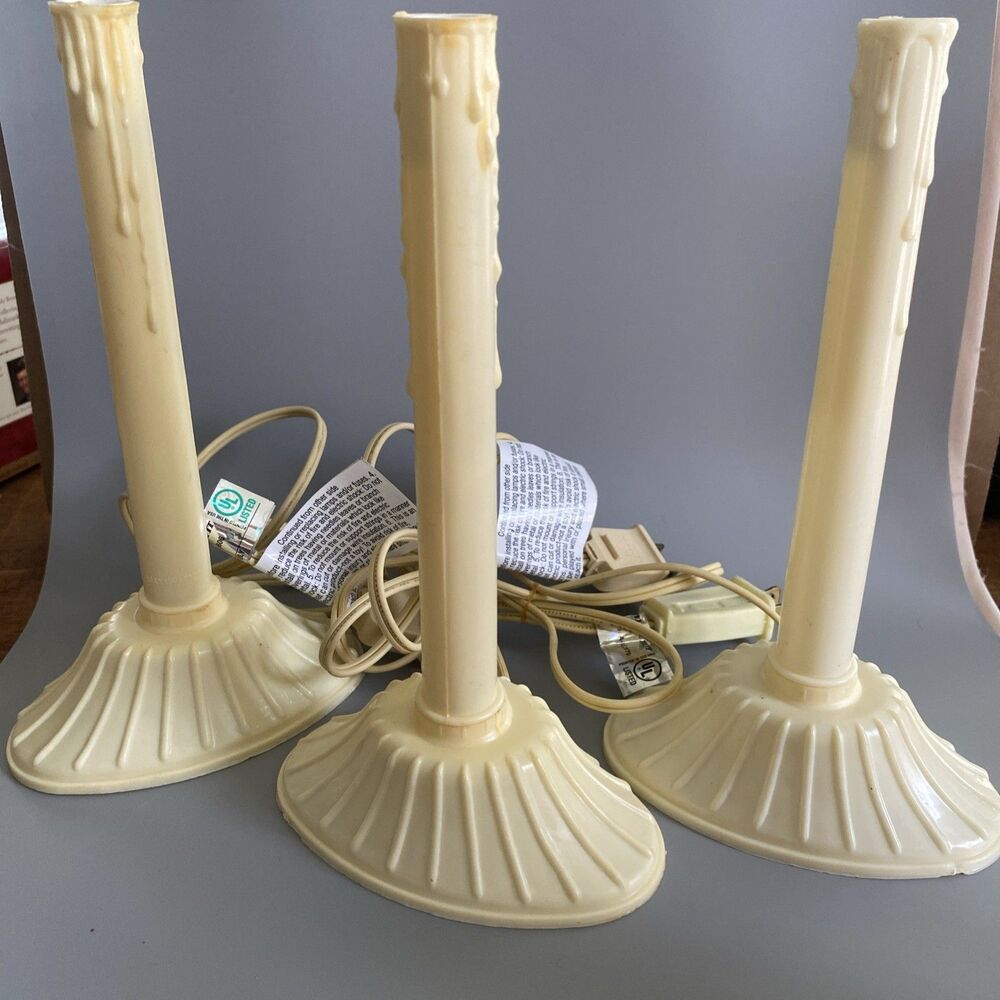 3 Vintage Christmas Lighted Window Candle Electric Plastic Corded Wax Drip